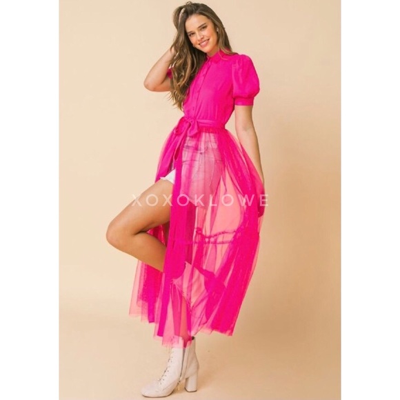 1 LEFT Barbie Pink Fuchsia Shirt Dress Tulle Skirt Coverup - Picture 5 of 10